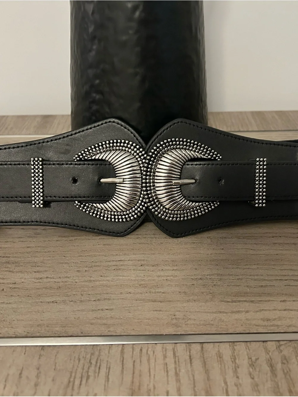 Torrid Black Stretch Waist Belt Silver Double Crescent Buckle Size 1/2